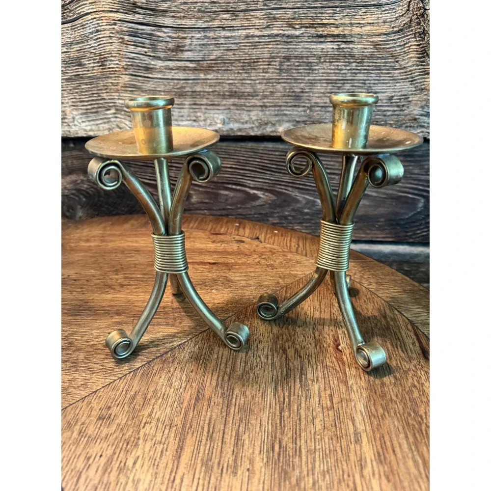 Vintage Brass Tripod Candle Holders  3Pair Brutalist Wire Wrapped Taper Stick